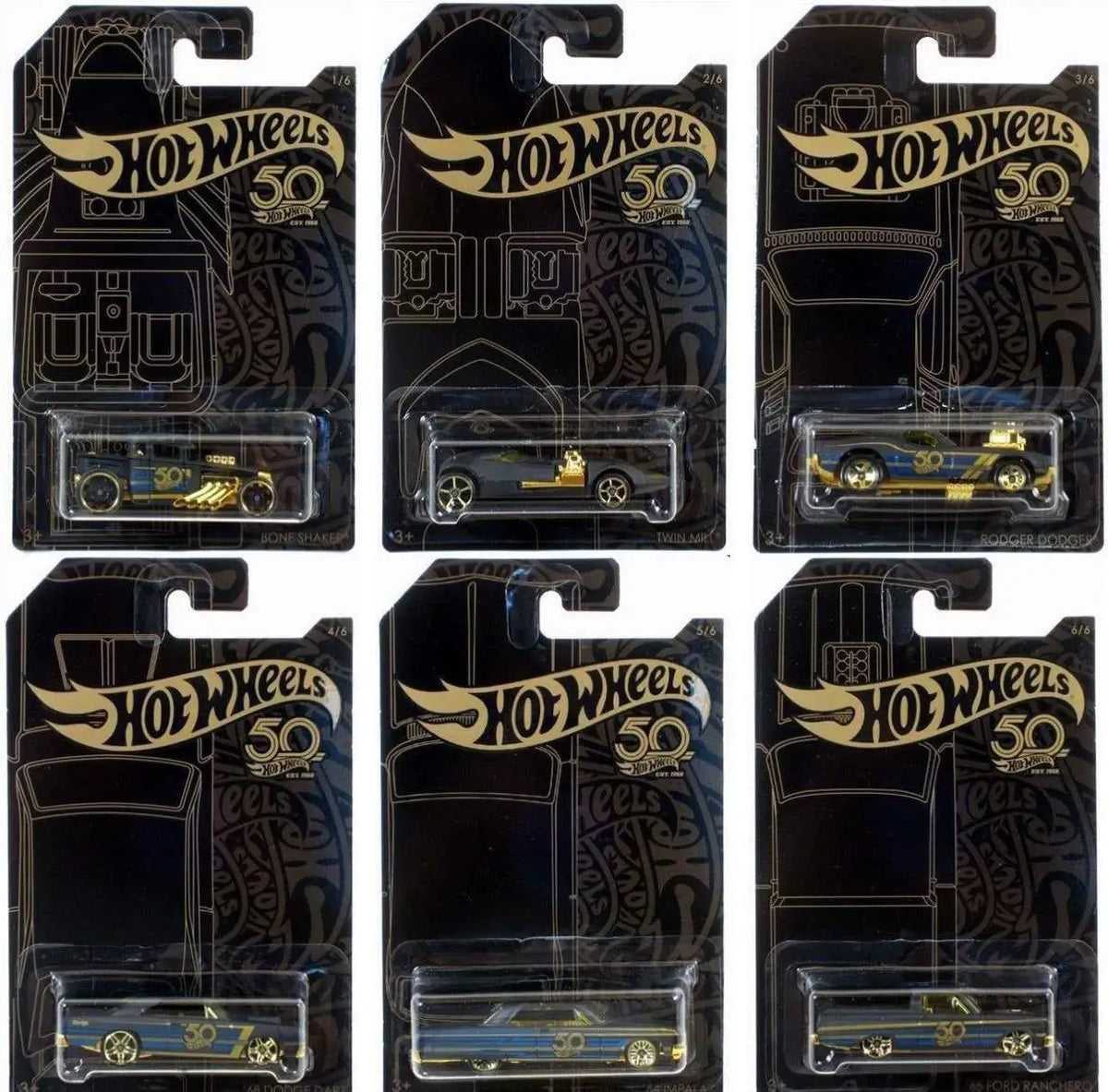 Hot Wheels 50th Anniversary Black & Gold Chase Set of 6 Diecast Cars